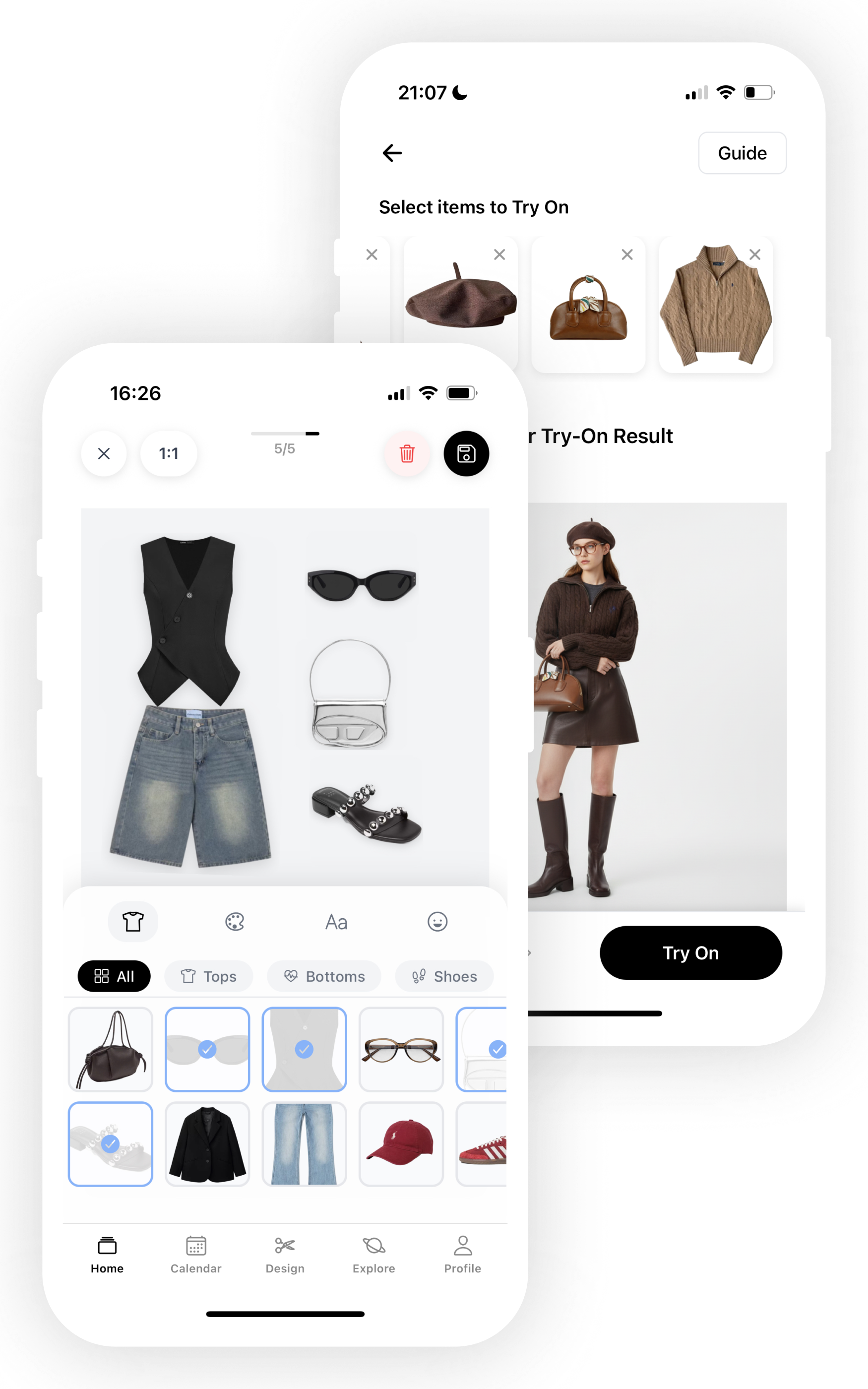 AI Fashion App Interface showing digital closet with outfit builder and virtual try-on